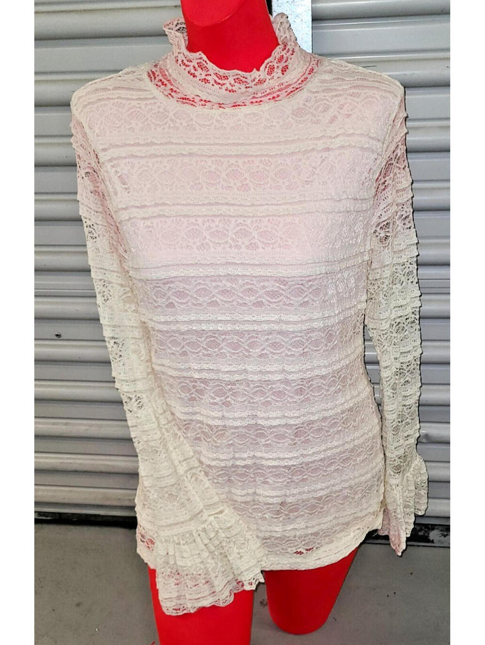Worthington Lace Ivory Tunic Bell Sleeve Victorian Medium Shirt Top Blouse